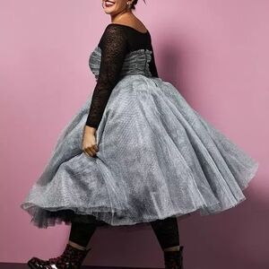 Elegant Silver Tulle Dress with Black Lace Sleeves